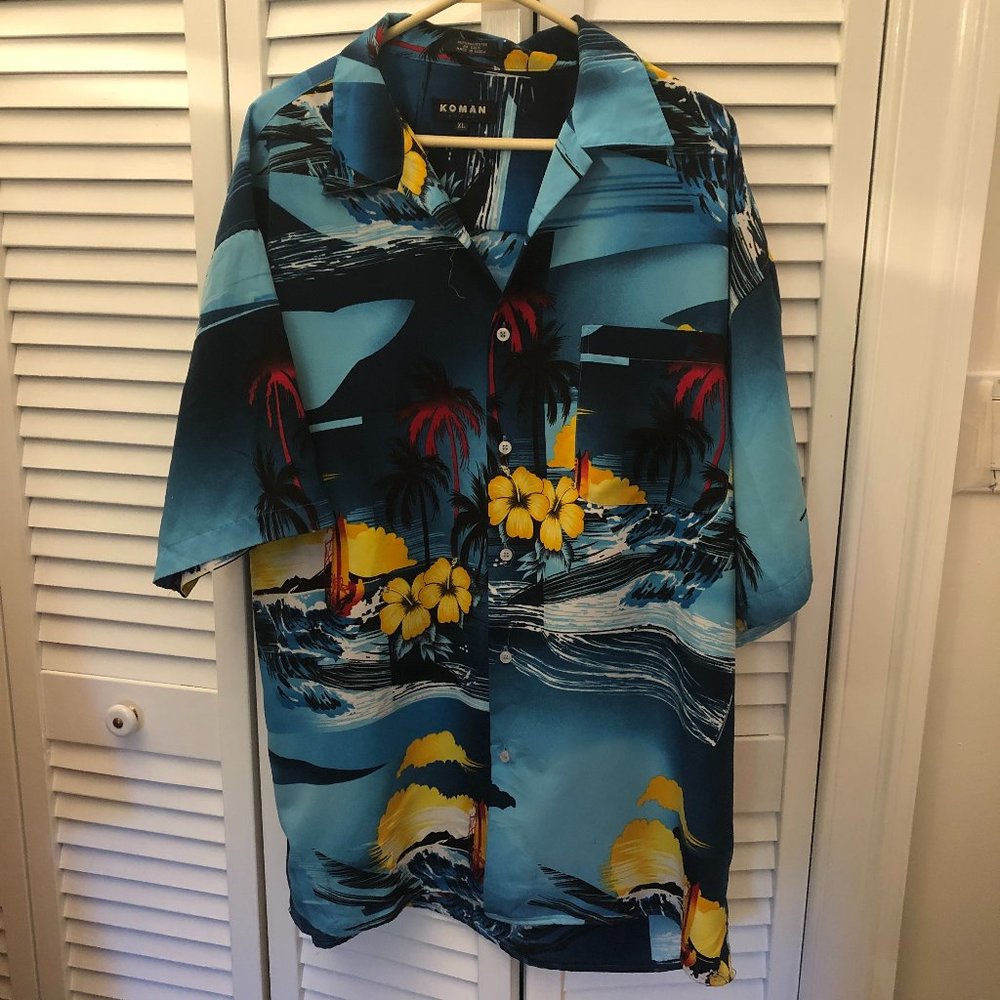 Koman men hawaiian shirt, blue tropical landscape,